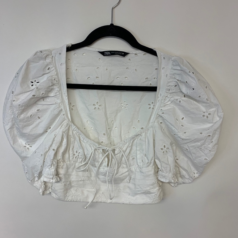 Zara Blouse Cropped White Eyelet Milkmaid Festival Boho Babydoll Womens SZ XS